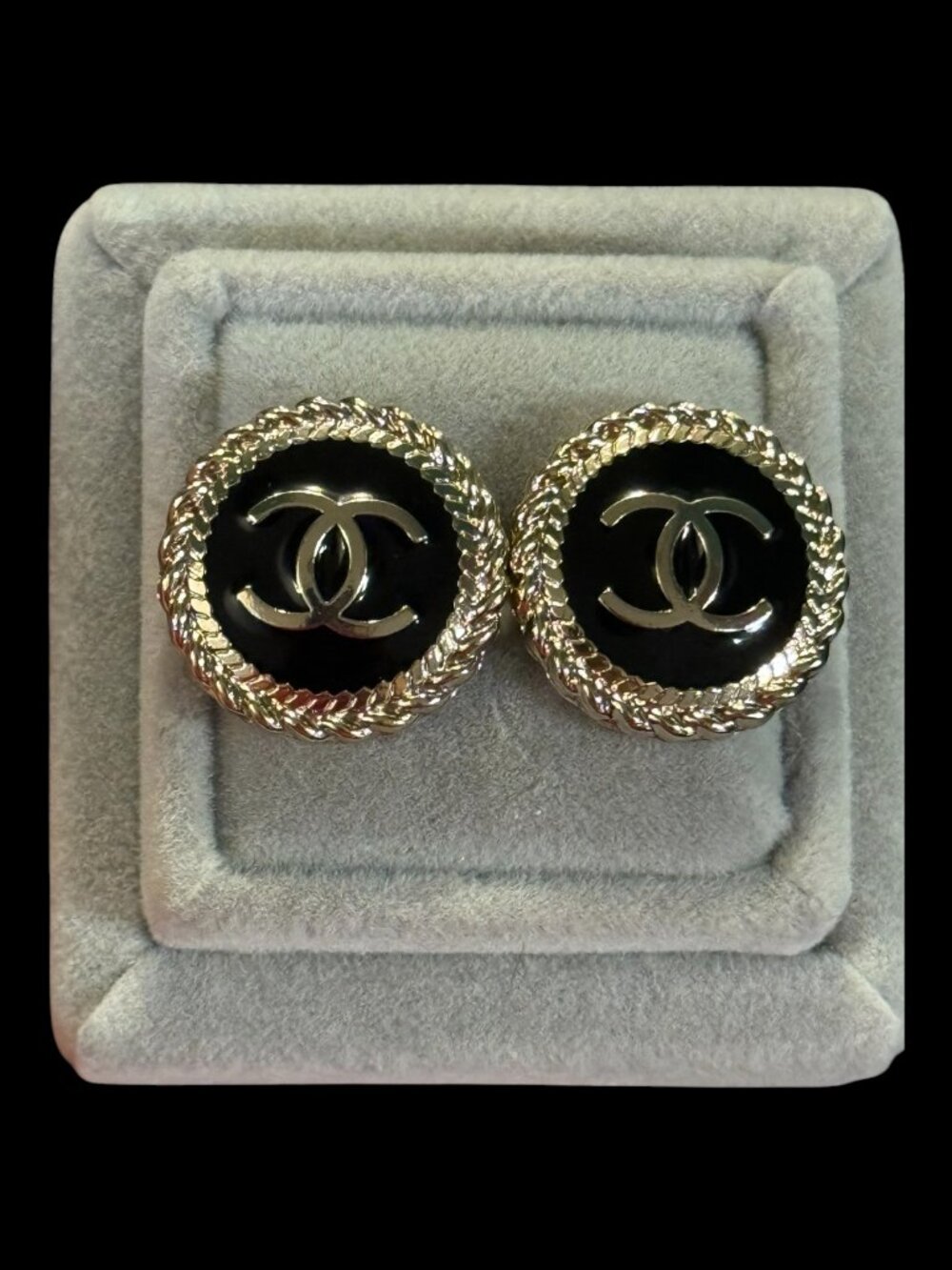 Upcycled Black center Gold tone rope button earring studs